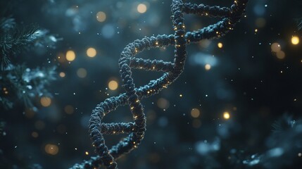 A close-up of a DNA strand, glowing in the dark with a blurred background of bokeh lights.