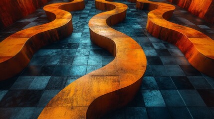 Poster - A series of benches are arranged in a curved line on a tiled floor