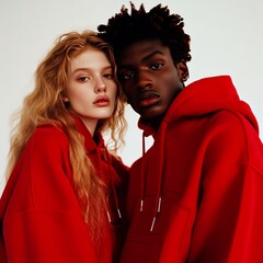 Young woman and man in red hoodies, looking at the camera.