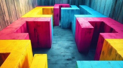 Poster - A colorful maze made of blocks with a blue square in the middle