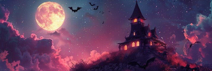 A haunted house illuminated by a full moon with bats flying across a dark sky in a spooky Halloween setting