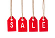 © Seentyr Str - Four red hanging wobbly sale tags with strings isolated on transparent background