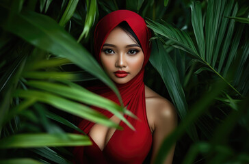 Poster - A beautiful Malay woman wearing a red bodycon dress standing in front of green plants