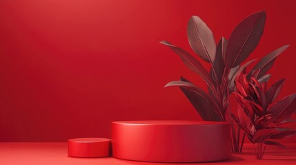 Poster - Red podium set against a red backdrop 3D rendering Minimalist concept