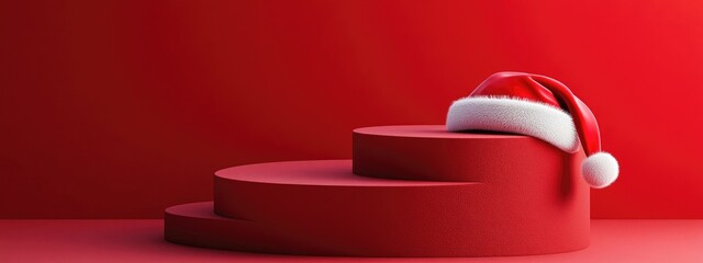 Aufkleber - Minimalist product mockup backdrop for winter holiday themes Santa hat resting on a red step platform 3D rendered illustration with clipping paths for all elements included