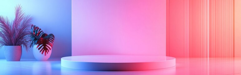 Poster - Pink minimalist backdrop with white flooring showcasing a product display stand in 3D render