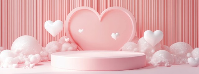Poster - Valentine s Day inspired minimalistic love scene featuring a display podium for product showcasing Soft pink pedestal with a charming heart themed background 3D rendering for a romantic design aes