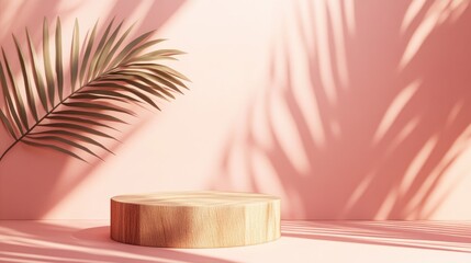 Aufkleber - Pastel light red and salmon pink minimal 3D render with a simple natural product display featuring a wooden podium and a palm leaf shadow in the background