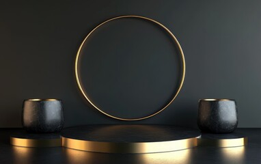 Aufkleber - Abstract podium background featuring geometric shapes in black and gold Minimalist 3D rendering suitable for product display with a geometric backdrop