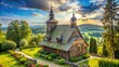 © Sirinporn - Ancient stone church in rural Poland with ornate steeple, surrounded by lush greenery, symbolizing faith, community, and gratitude for spiritual guidance and financial blessings.