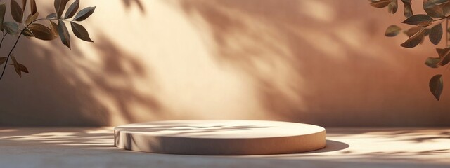 Poster - Minimal podium on a brown background featuring leaf shadows ideal for product presentations 3D rendering illustration
