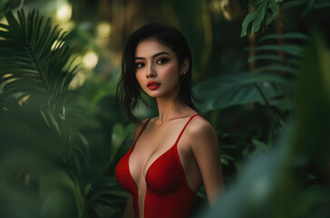 Wall Mural - A beautiful Malay woman wearing a red bodycon dress standing in front of green plants