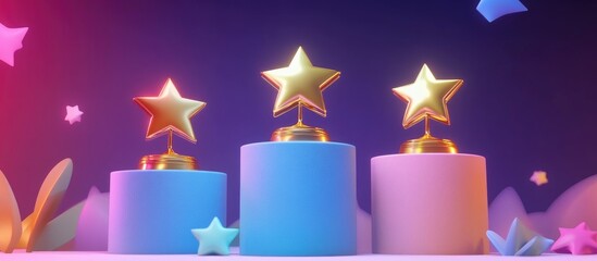 Poster - Winners podium featuring trophies gold champions and shining stars Cartoon style representation of first second and third place awards on a ceremonial pedestal 3D rendered illustration
