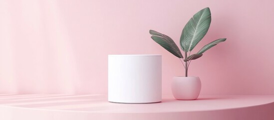 Fototapete - White cylinder product display in a pink studio setting minimalistic design 3D rendering