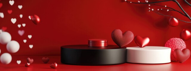 Poster - Black red and white podiums on a red background showcasing cosmetics in a Valentine s Day fashion display 3D rendering