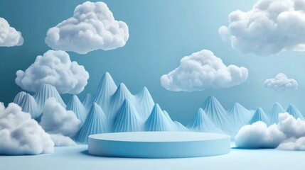 Poster - Podium Background with Blue Mountains and White Clouds 3D Illustration