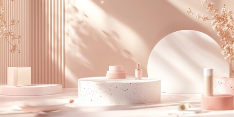 Aufkleber - Pastel colored mock up scene featuring geometric podium shapes for showcasing products with an abstract backdrop 3D rendering and a stand designed for cosmetic items