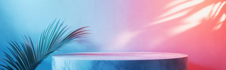 Aufkleber - Marble podium mockup featuring a white palm leaf against a light backdrop evoking a tropical summer theme This minimal abstract scene includes geometric shapes designed for panoramic banners and p