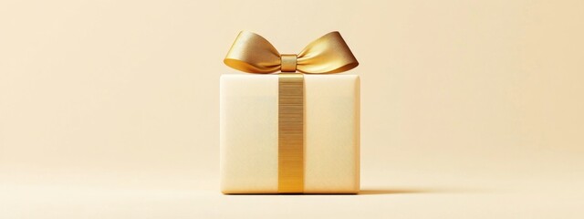 Aufkleber - Minimalistic product backdrop for festive occasions and promotional events Beige gift box adorned with a golden ribbon bow set against a beige background 3D rendered illustration with included cli