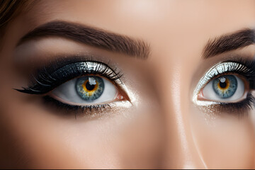 Beautiful blue eyes make up. Eyelashes extensions. Professional make up.