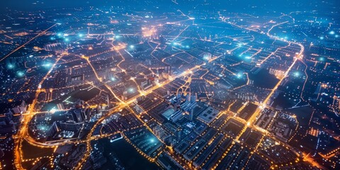 Poster - A network of illuminated city streets and roads from an aerial view, symbolizing urban connectivity and infrastructure