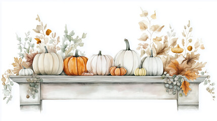 A beautiful autumn mantel display featuring pumpkins and dried leaves, perfect for seasonal decoration and cozy home aesthetics.