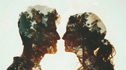 Wall Mural - Double exposure of a man and woman. Double exposure of passionate couple, forest, nature and trees . Two lovers against the forest. concept for  Romantic love story and Day Valentine