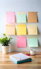 Sticker - A colorful set of blank sticky notes arranged on a light grey wall. perfect for showcasing ideas. reminders. and important messages.