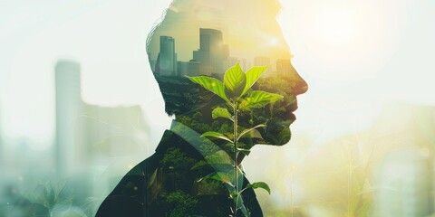 Wall Mural - A double exposure of a businessman and a growing plant, symbolizing business growth and sustainability