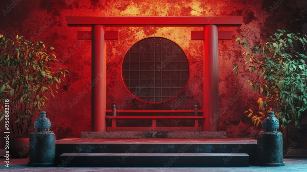 A red illuminated traditional Japanese Torii gate with a round window ...