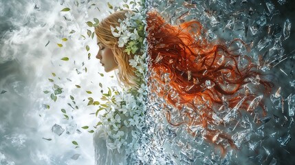 Surreal Portrait of Woman with Nature and Crystal Elements