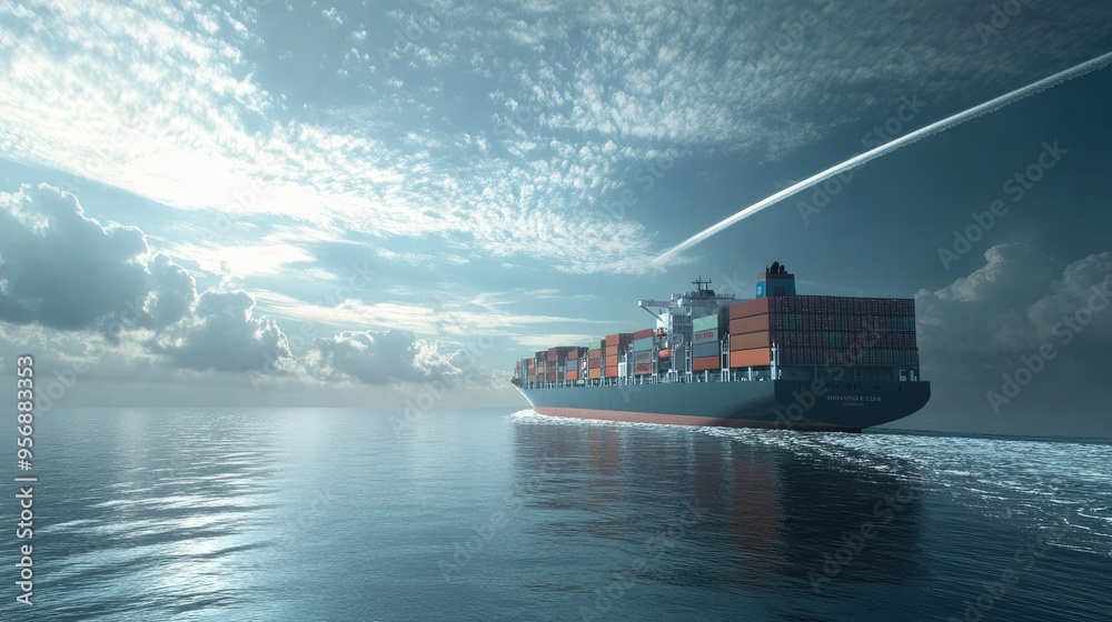 Express cargo container ship in the ocean with a visible contrail ...