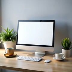 A clean and modern workspace featuring a computer monitor with a blank screen. a keyboard. and a mouse. ready for your design or message.