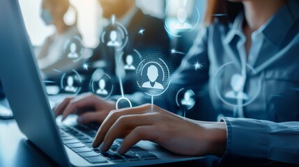 Poster - A woman is typing on a laptop with a screen that has a lot of people on it