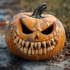 Wall Mural - Scary carved pumpkin with sharp teeth showcased on a rural path