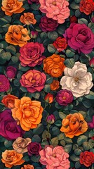 Wall Mural - pink and orange rose plants pattern illustration poster background