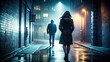 © Four888 - Ominous solitary figure lurks in shadows, eyes fixed on a vulnerable woman walking alone, conveying a sense of unease and potential danger in urban night.