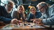 © Thanaporn - Middle-aged friends leaning in, discussing strategies while playing a challenging cooperative game, showcasing teamwork.