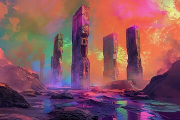 Wall Mural - Abstract Colorful Landscape with Tall Stone Pillars