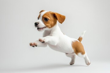 A small brown and white dog is jumping in the air. The dog is happy and playful. Concept of joy and energy