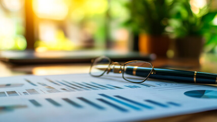 Poster - Business analysis with graphs and charts beside glasses in a bright setting