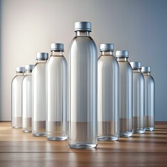 Poster - A row of eight clear water bottles with silver caps stand on a wooden surface against a light backdrop.