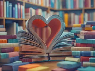 Book Heart Illustration: A Love for Reading in a Library Setting