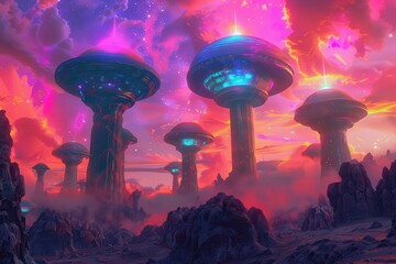 Wall Mural - Futuristic Cityscape with Giant Mushroom-Shaped Structures