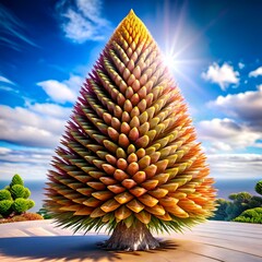 A stunning 3D illustration of a unique Bunya pine. its intricate cone like structure bathed in warm sunlight.