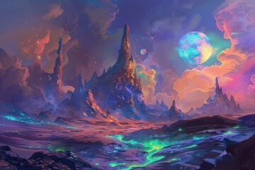 Wall Mural - A Colorful Alien Landscape with a Glowing River and a Large Moon