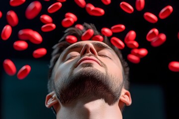 A man with his eyes closed, the top of his head surrounded by red pills floating in the air, against a dark background