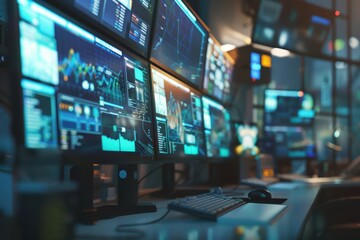 Poster - A modern workspace featuring multiple monitors displaying data analytics, digital graphics, and a high-tech environment.