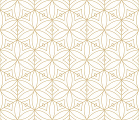 Wall Mural - Golden vector geometric seamless pattern with floral silhouettes, leaves, hexagonal grid, thin curved lines. Gold and white abstract texture. Ornamental background. Repeated design in asian style