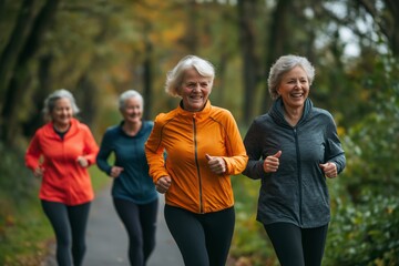 Wall Mural - A group of older women are running together in a forest. They are smiling and enjoying their time